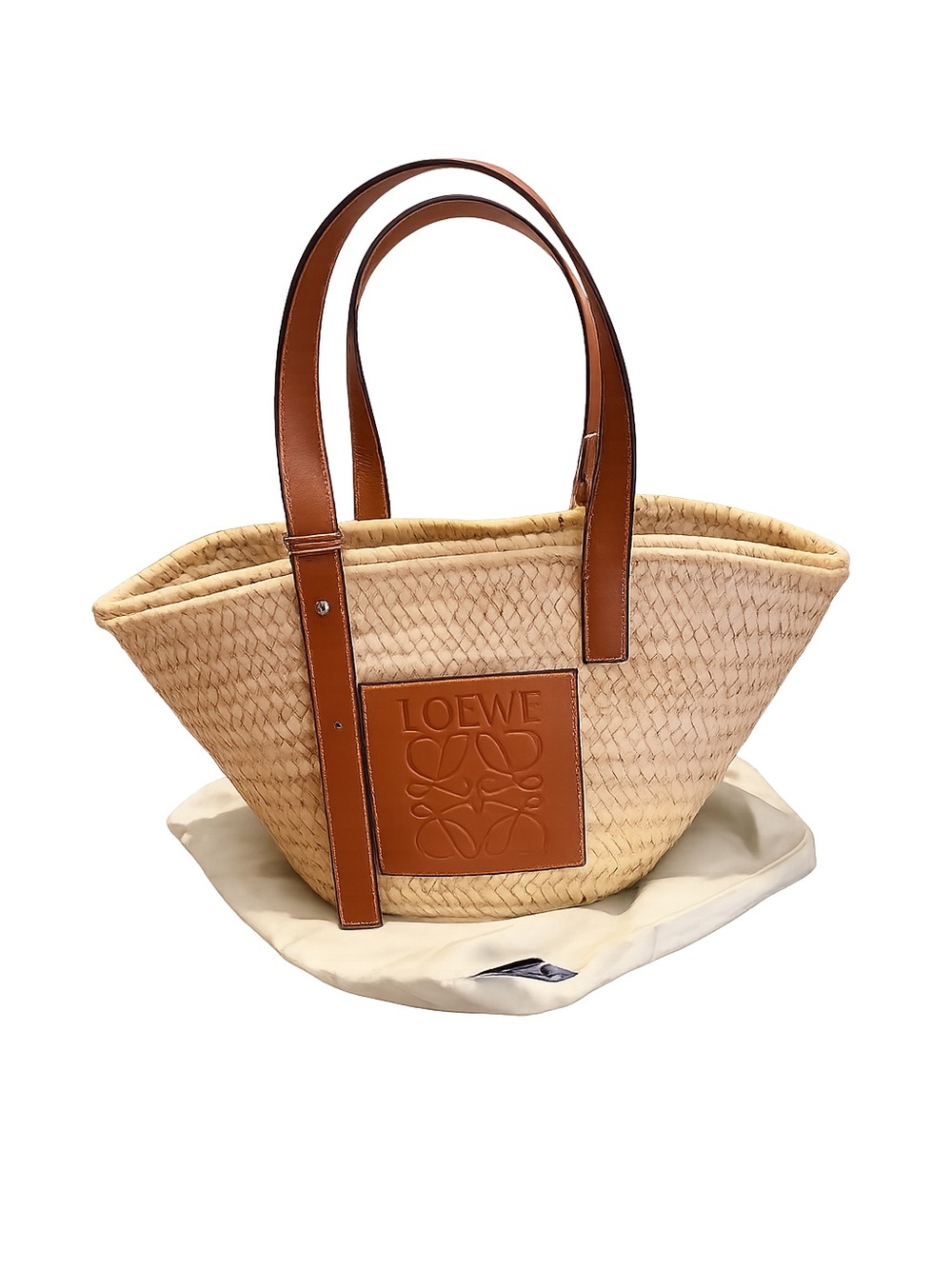 LOEWE Medium Basket Bag Raffia & Tan Calfskin | Authentic | Dust Bag Included